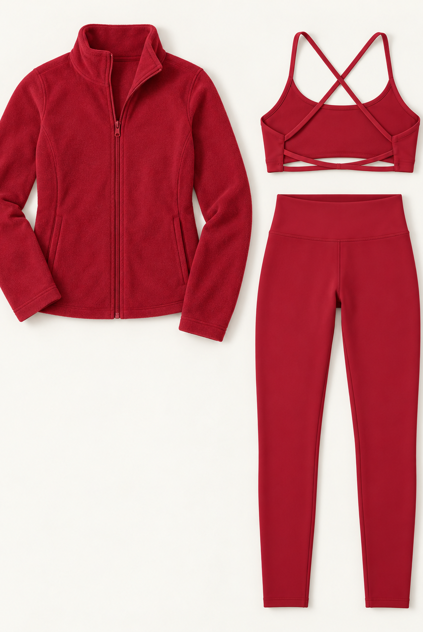 Core Fleece 3-Piece Set Cherry Red flat lay