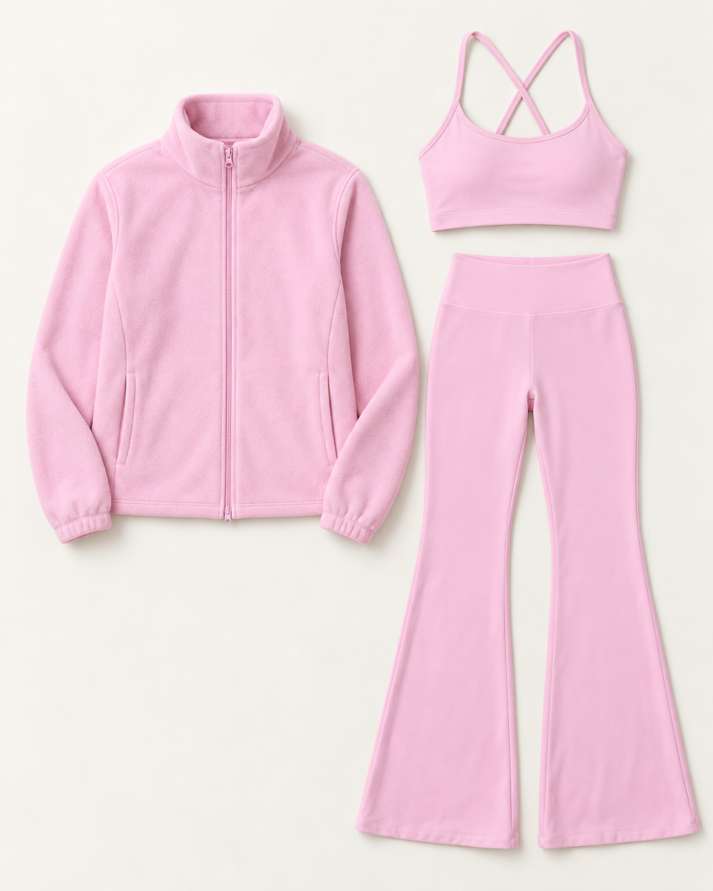core-bra-flares-fleece-set-blush-pink flat lay