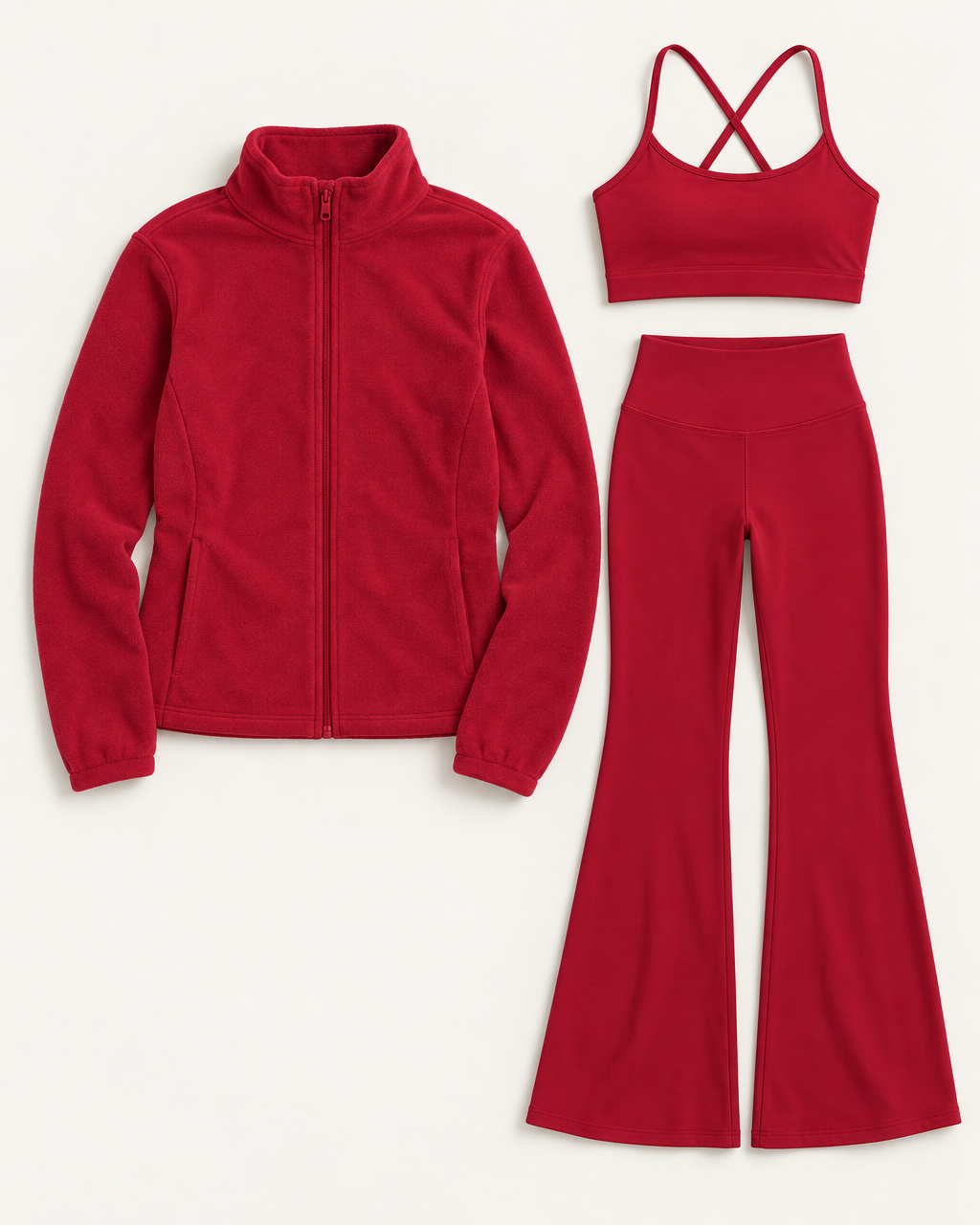 core-bra-flares-fleece-set-cherry-red flat lay
