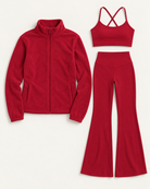 core-bra-flares-fleece-set-cherry-red flat lay