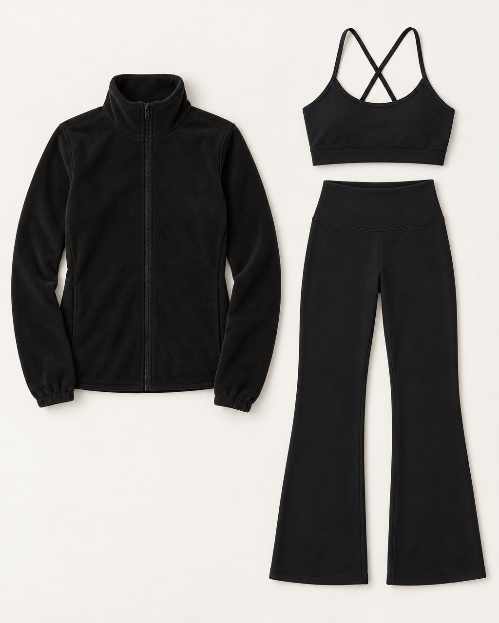 core-bra-flares-fleece-set-shadow-black flat lay