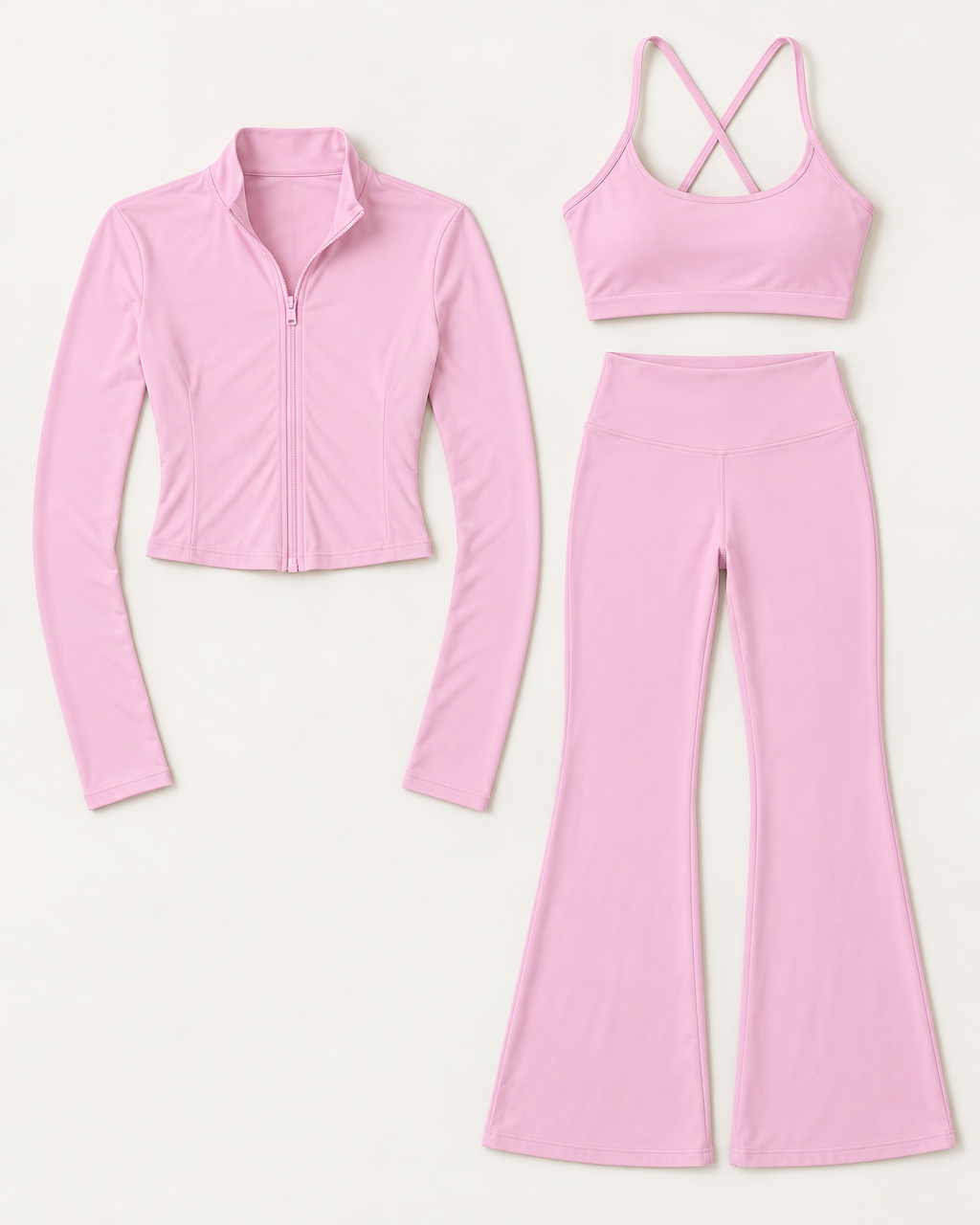 core-bra-flares-zip-up-jacket-set-blush-pink flat lay