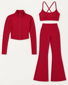 core-bra-flares-zip-up-jacket-set-cherry-red flat lay