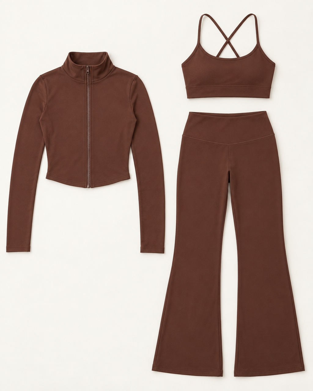 core-bra-flares-zip-up-jacket-set-espresso flat lay