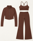 core-bra-flares-zip-up-jacket-set-espresso flat lay