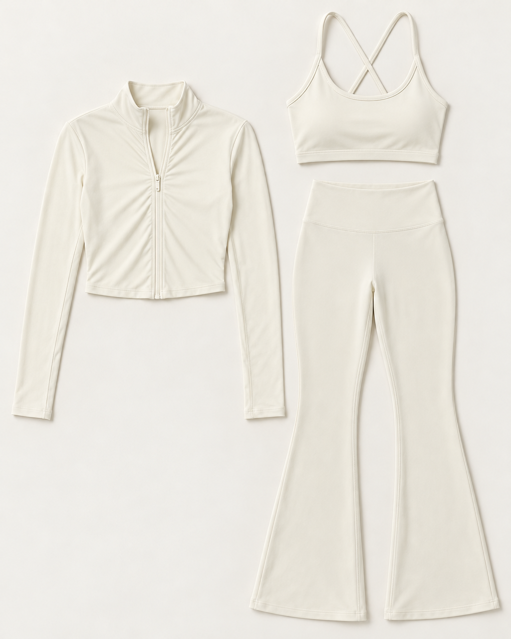 core-bra-flares-zip-up-jacket-set-ivory-white flat lay