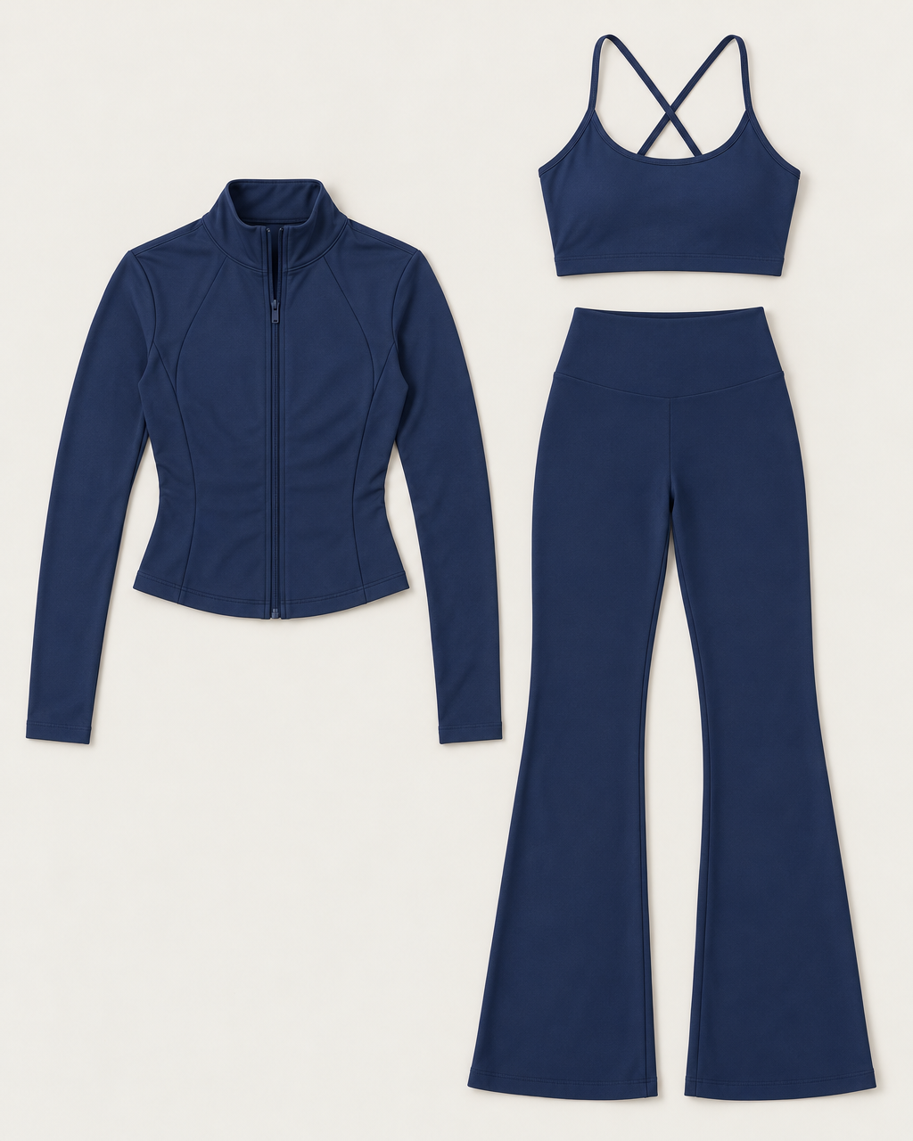 core-bra-flares-zip-up-jacket-set-navy-blue flat lay