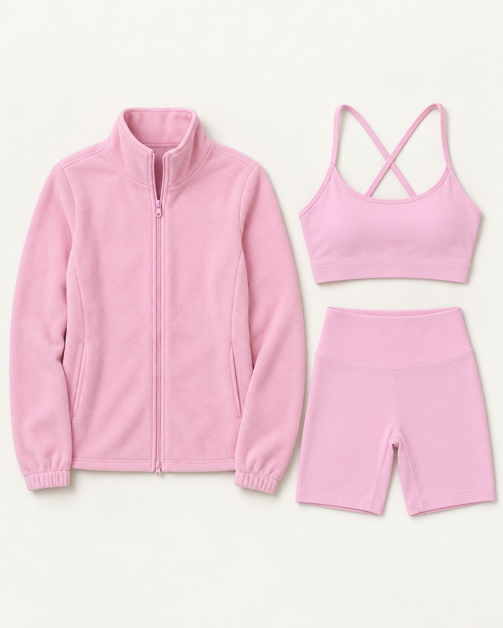 core-bra-shorts-fleece-set-blush-pink flat lay