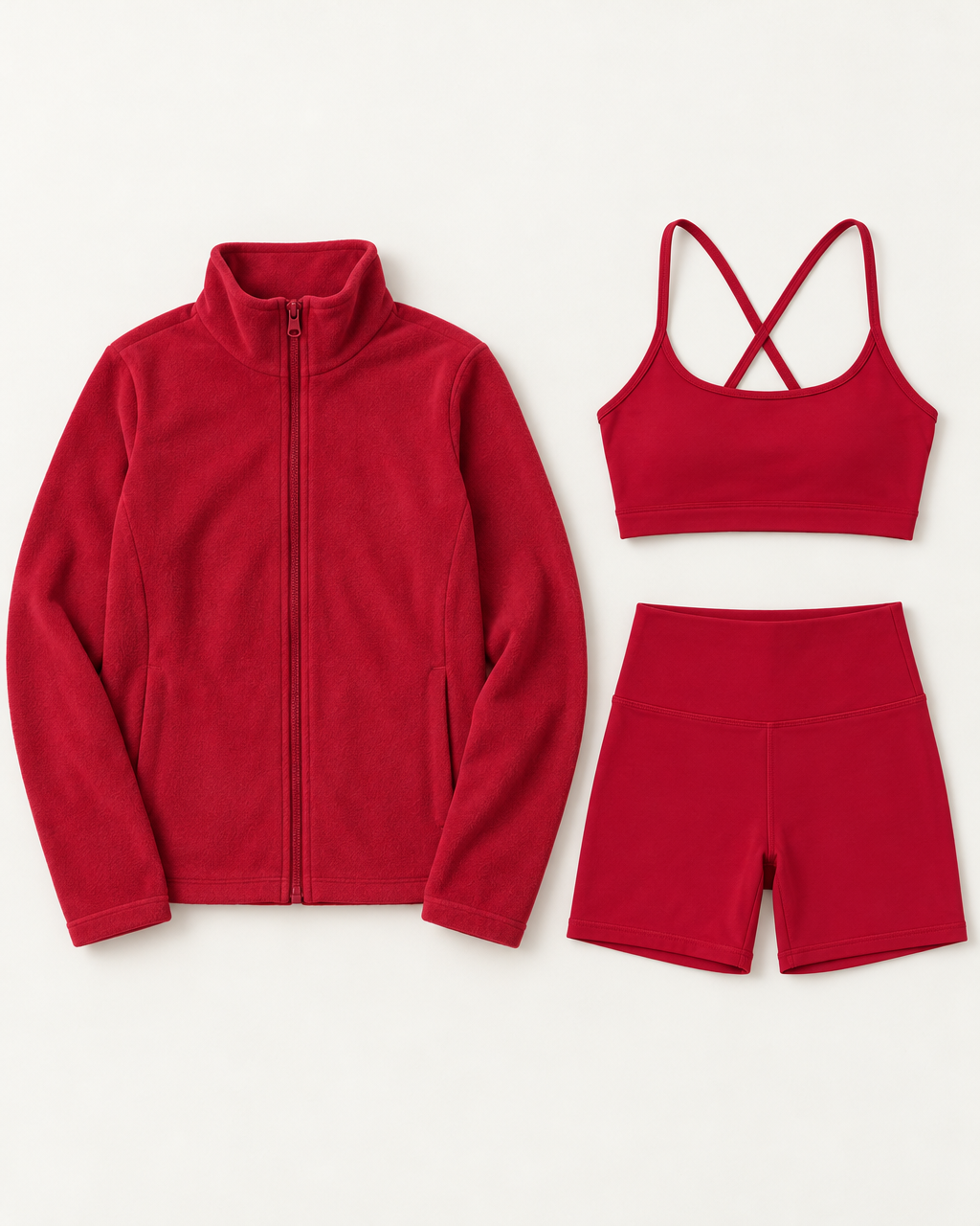 core-bra-shorts-fleece-set-cherry-red flat lay