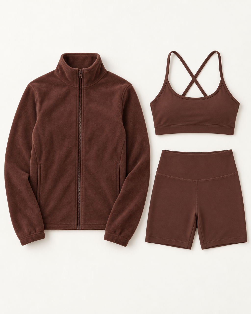 core-bra-shorts-fleece-set-espresso flat lay