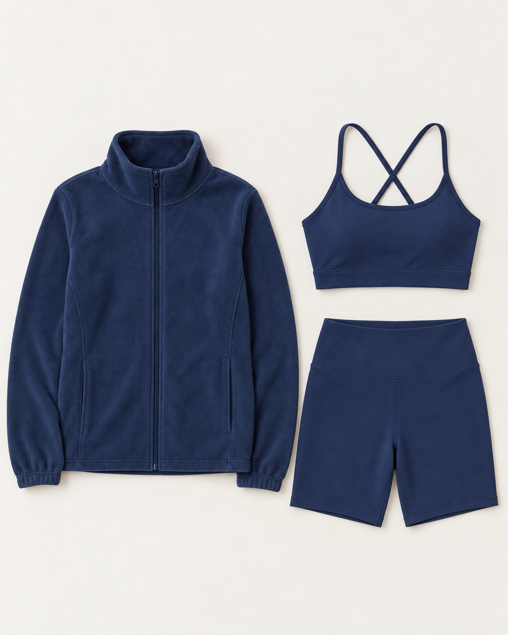 core-bra-shorts-fleece-set-navy-blue flat lay