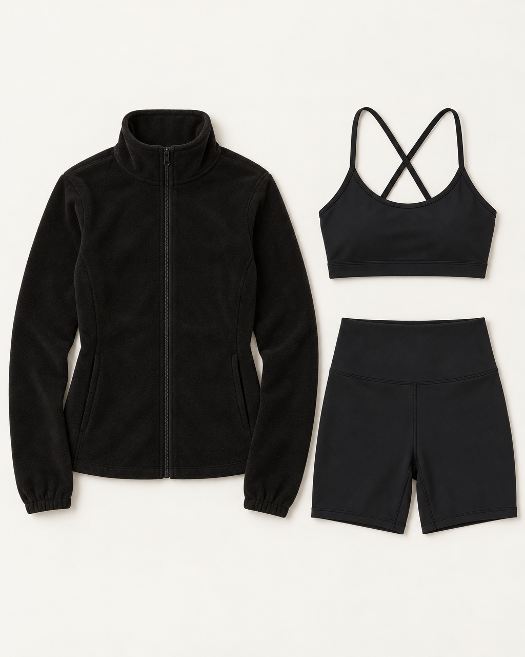 core-bra-shorts-fleece-set-shadow-black flat lay