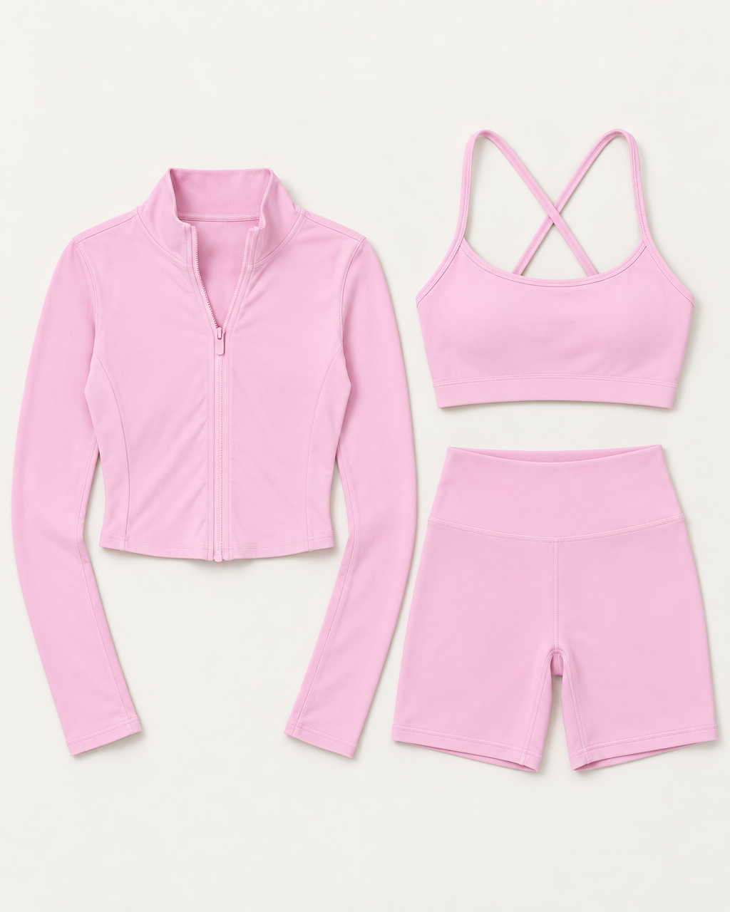core-bra-shorts-zip-up-jacket-set-blush-pink flat lay