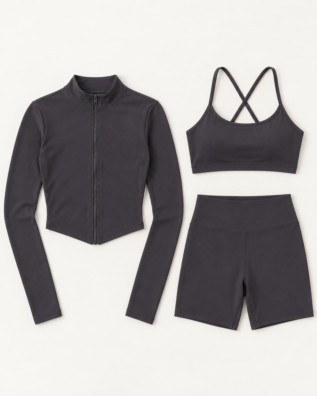 core-bra-shorts-zip-up-jacket-set-charcoal-grey flat lay