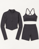 core-bra-shorts-zip-up-jacket-set-charcoal-grey flat lay