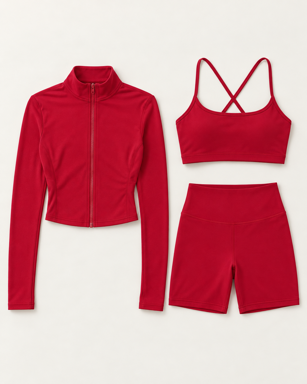 core-bra-shorts-zip-up-jacket-set-cherry-red flat lay