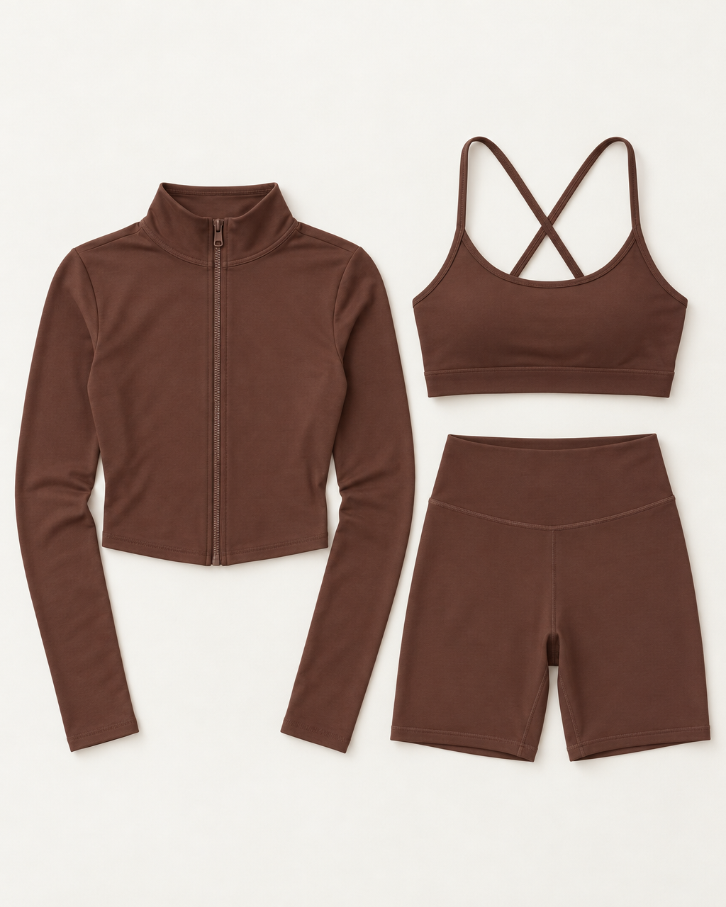 core-bra-shorts-zip-up-jacket-set-espresso flat lay