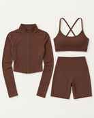 core-bra-shorts-zip-up-jacket-set-espresso flat lay