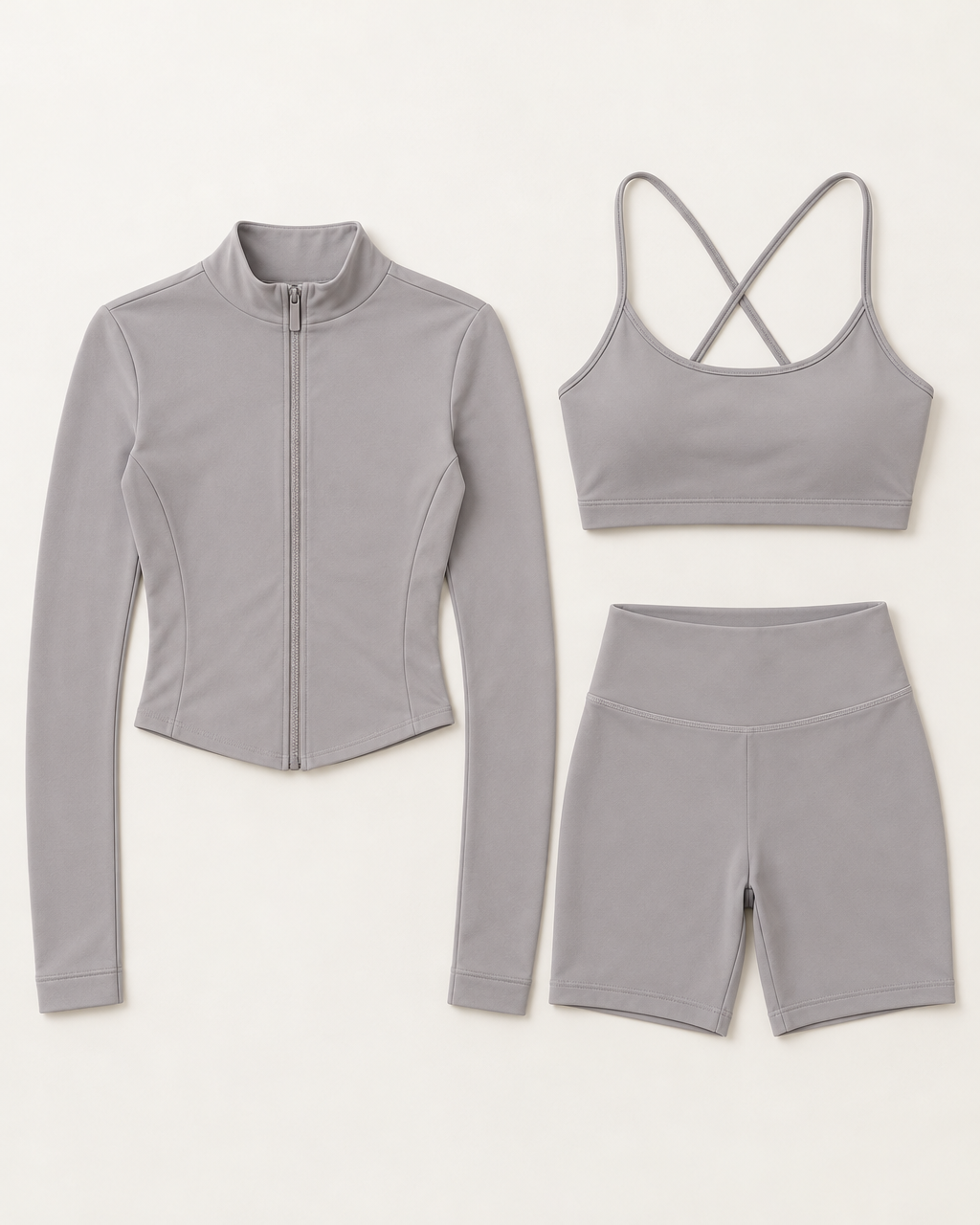 core-bra-shorts-zip-up-jacket-set-grey flat lay