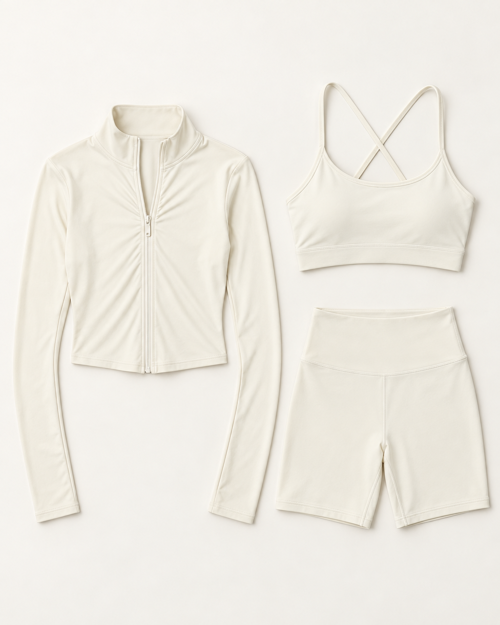 core-bra-shorts-zip-up-jacket-set-ivory-white flat lay