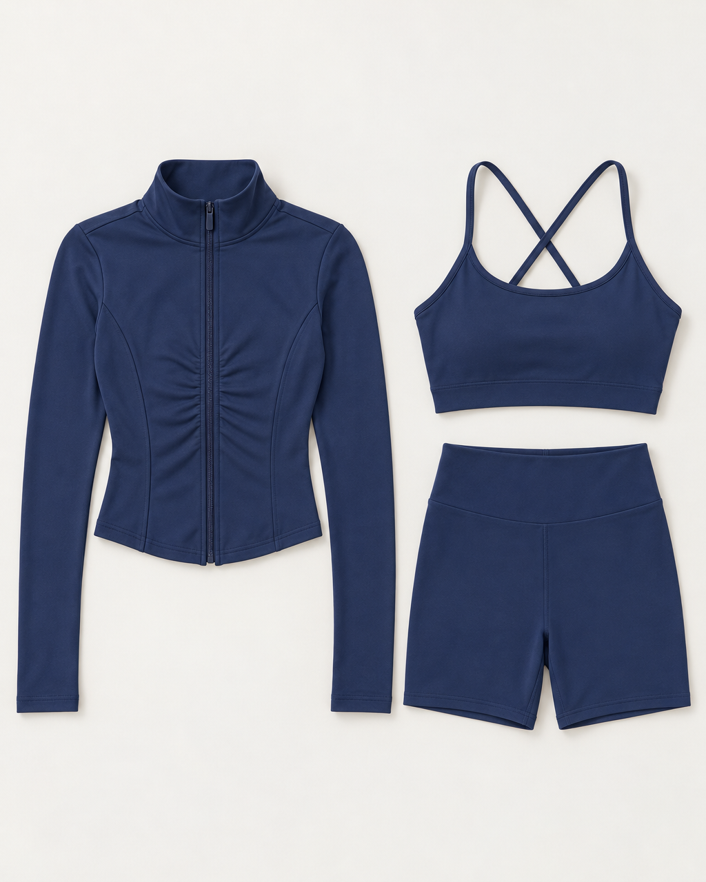 core-bra-shorts-zip-up-jacket-set-navy-blue flat lay