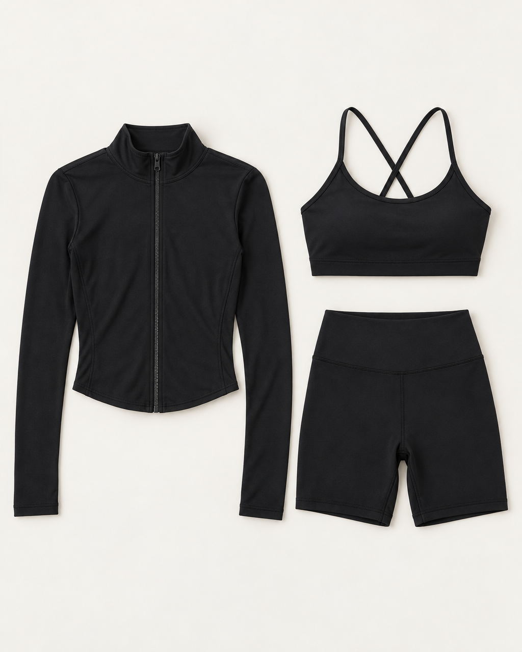 core-bra-shorts-zip-up-jacket-set-shadow-black flat lay