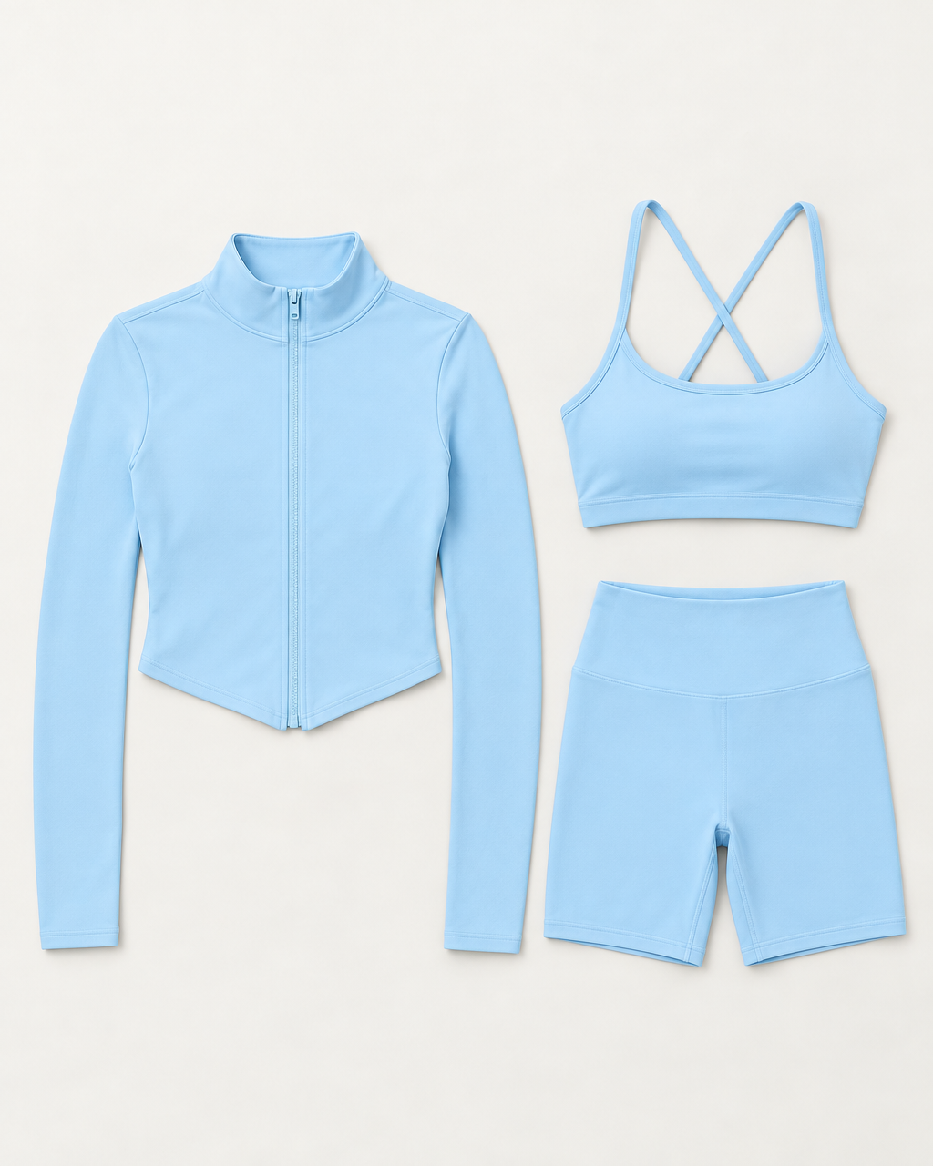 core-bra-shorts-zip-up-jacket-set-sky-blue flat lay