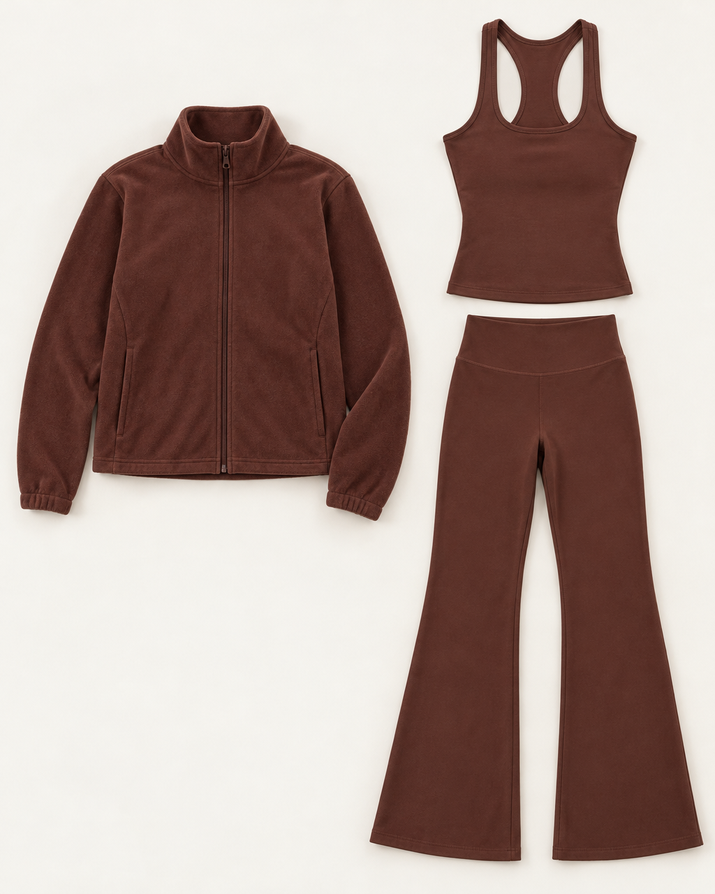 core-tank-flares-fleece-set-espresso flat lay