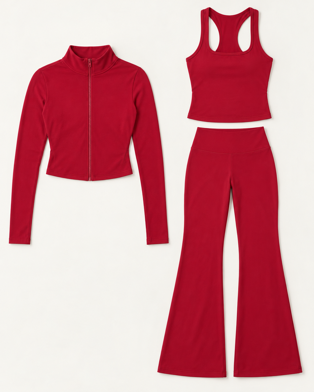 core-tank-flares-zip-up-jacket-set-cherry-red flat lay