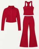 core-tank-flares-zip-up-jacket-set-cherry-red flat lay