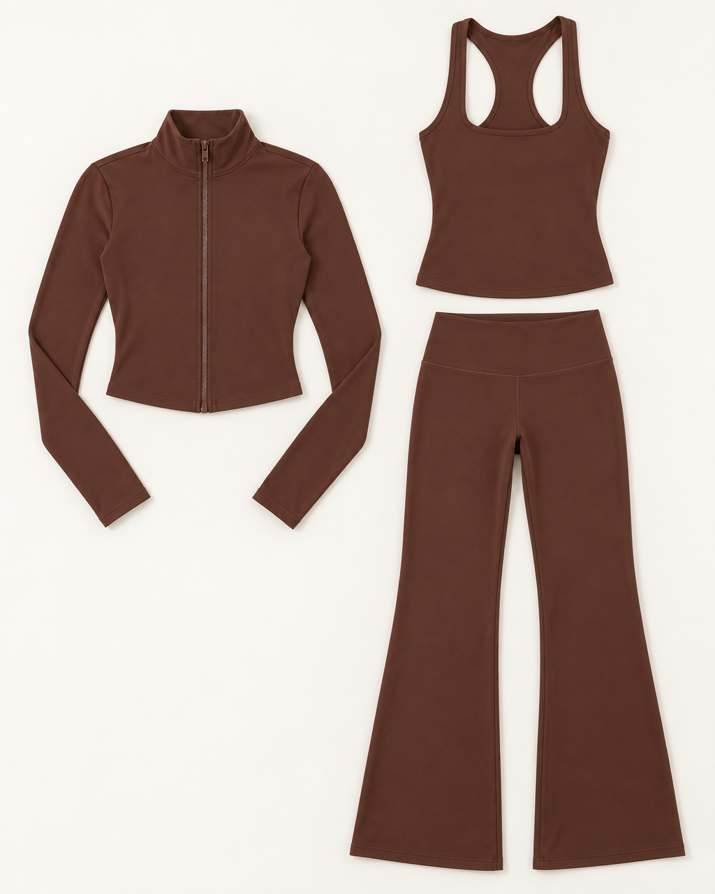 core-tank-flares-zip-up-jacket-set-espresso flat lay