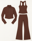 core-tank-flares-zip-up-jacket-set-espresso flat lay