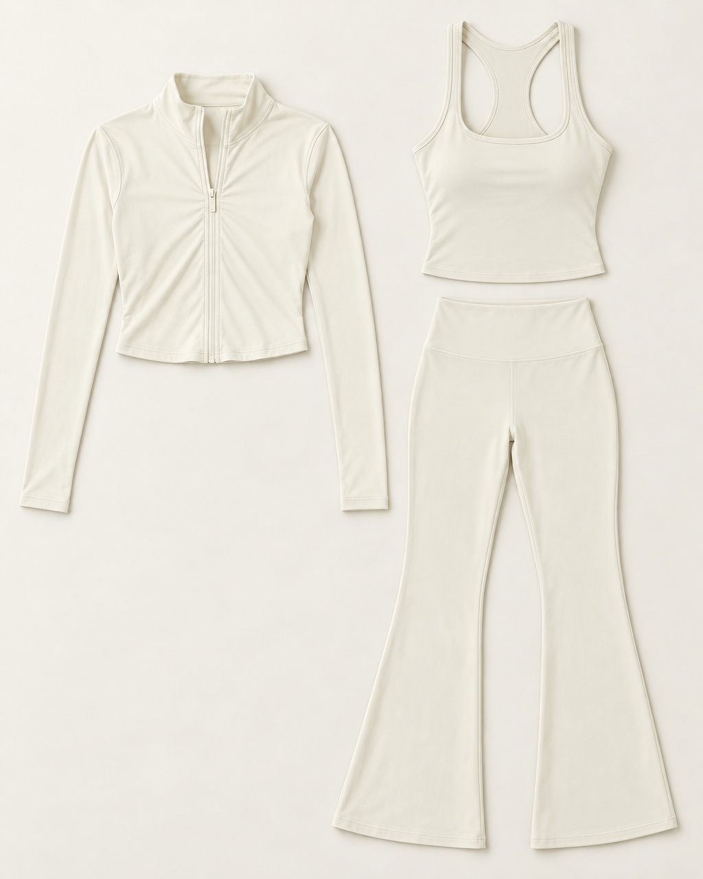 core-tank-flares-zip-up-jacket-set-ivory-white flat lay