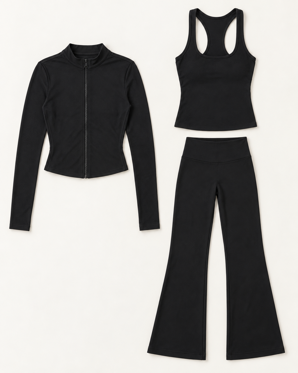 core-tank-flares-zip-up-jacket-set-shadow-black flat lay