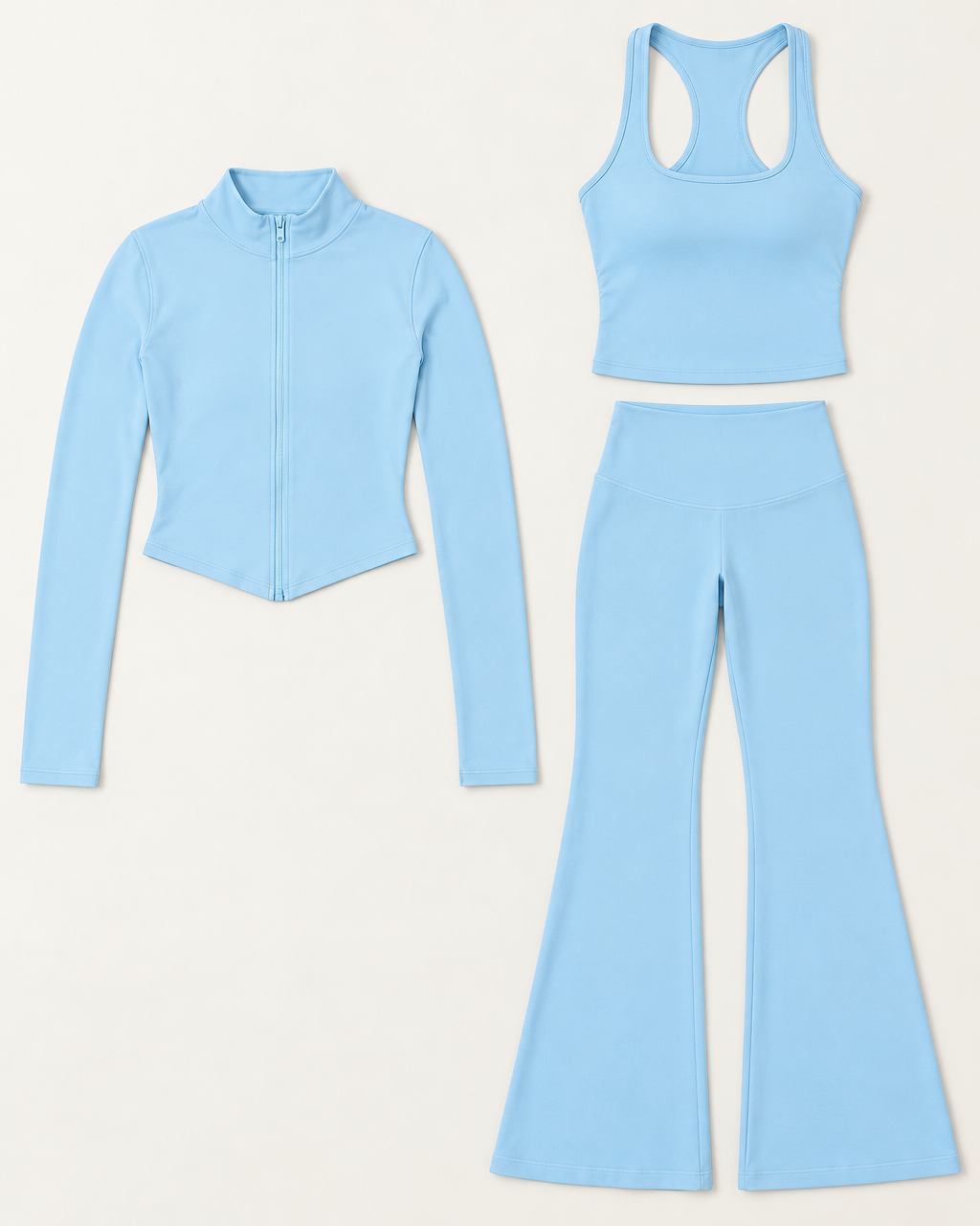 core-tank-flares-zip-up-jacket-set-sky-blue flat lay
