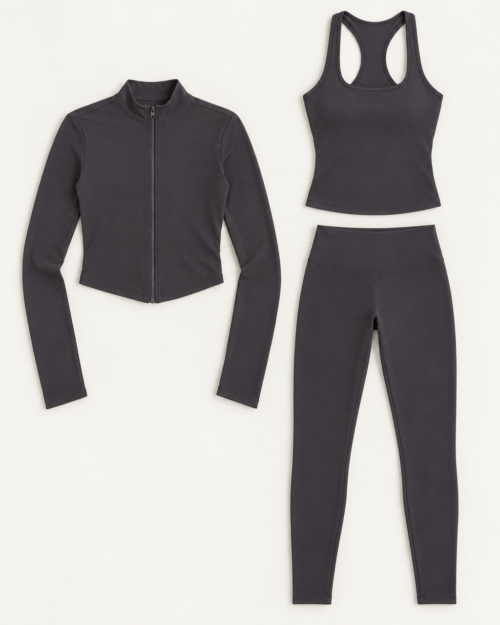 core-tank-leggings-zip-up-jacket-set-charcoal-grey flat lay