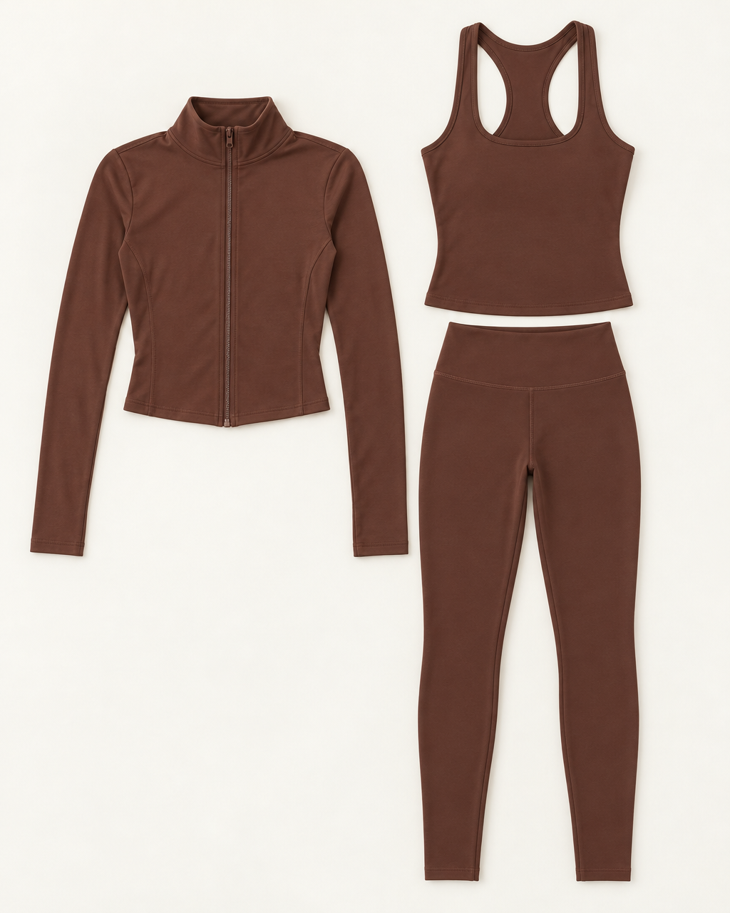 core-tank-leggings-zip-up-jacket-set-espresso flat lay
