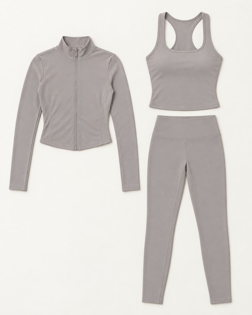 core-tank-leggings-zip-up-jacket-set-grey flat lay