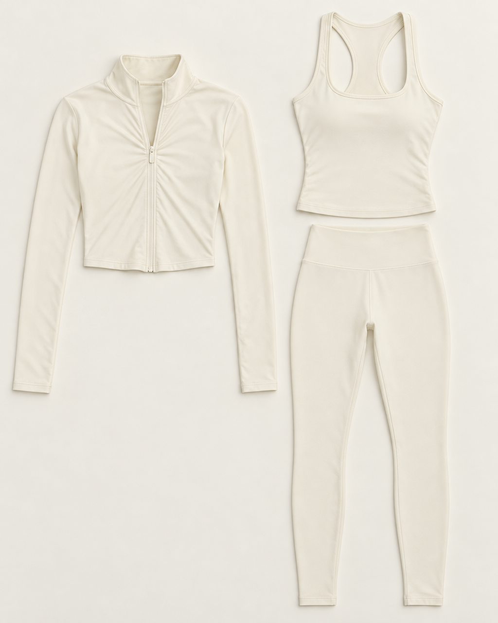 core-tank-leggings-zip-up-jacket-set-ivory-white flat lay