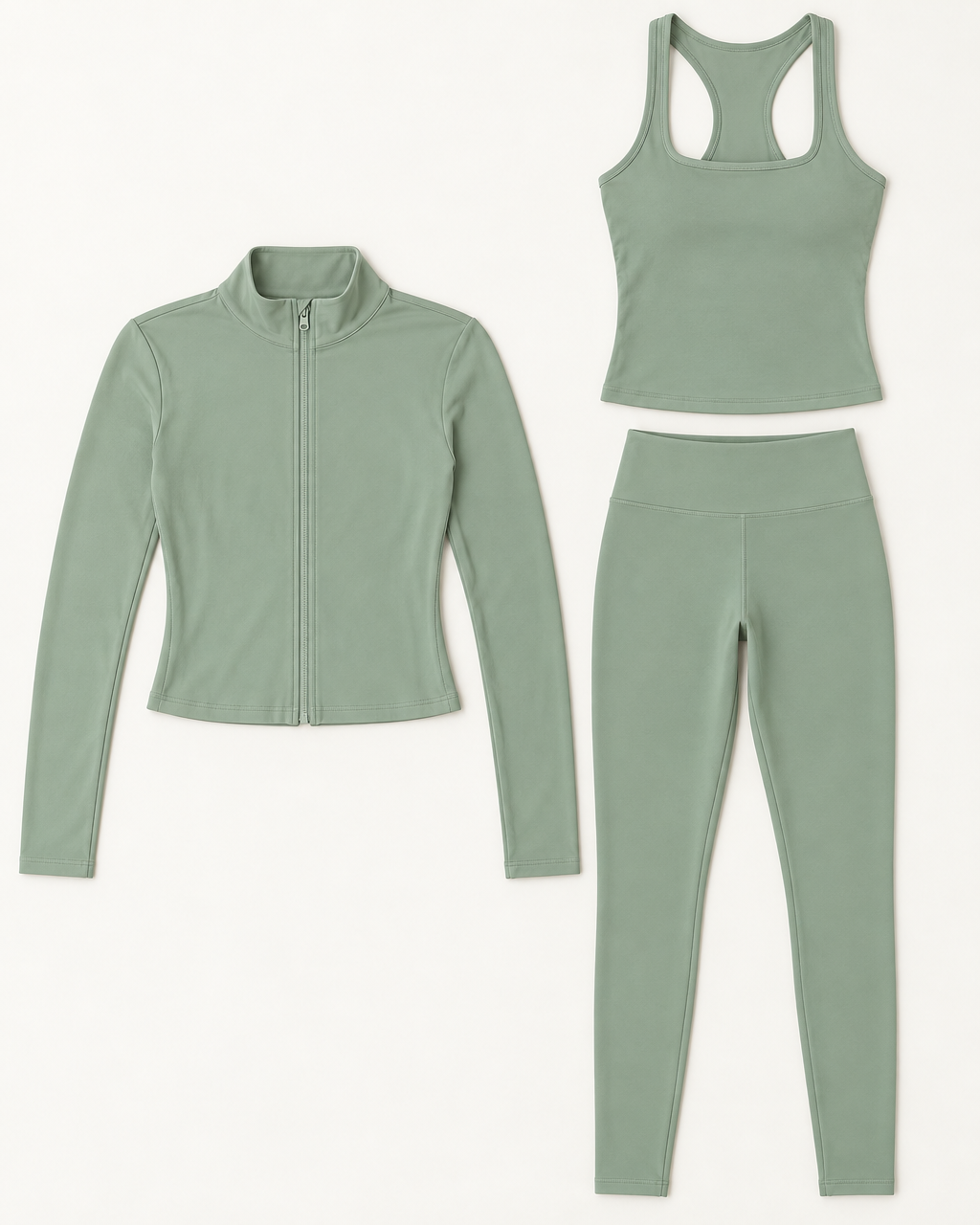 core-tank-leggings-zip-up-jacket-set-matcha-green flat lay