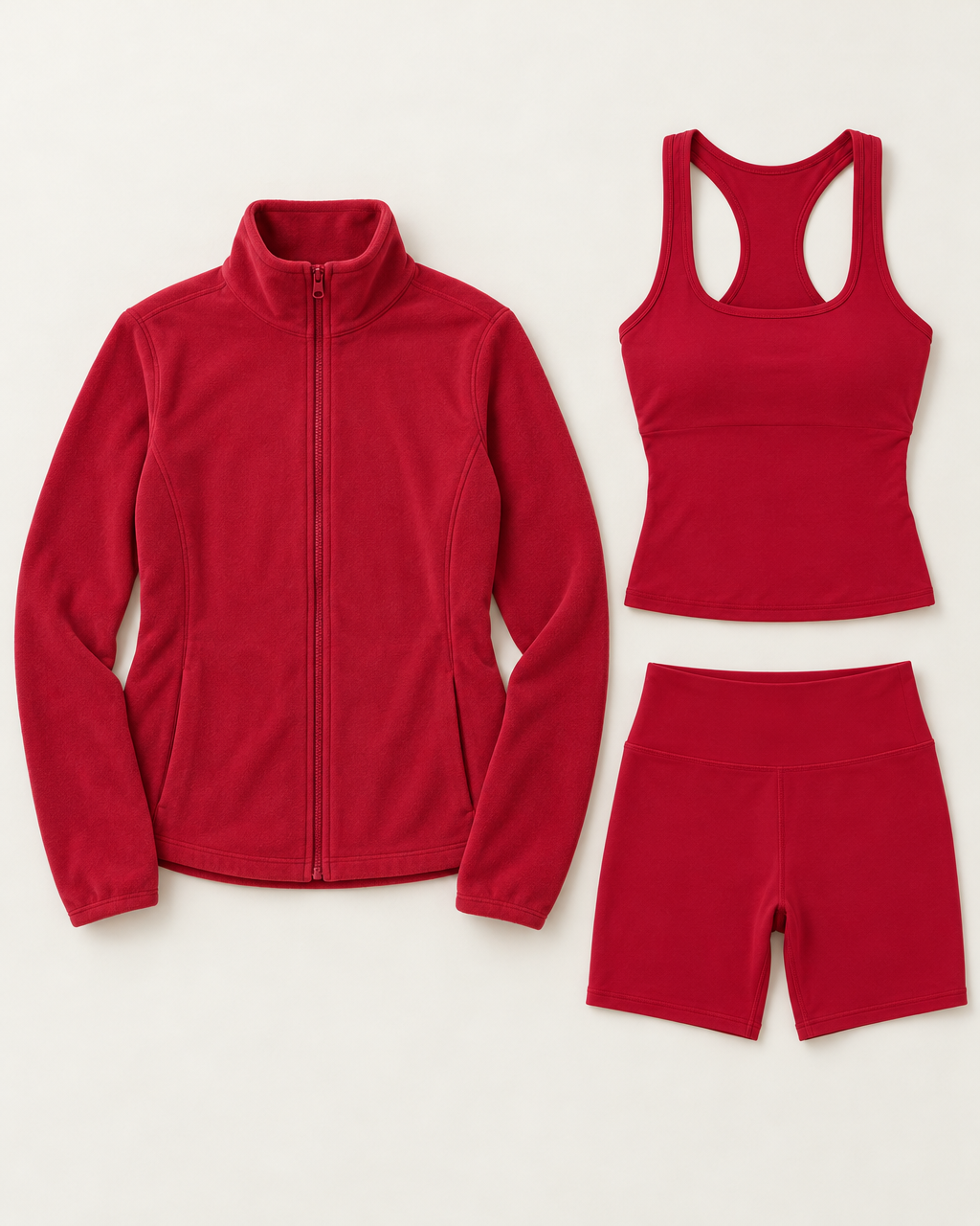 core-tank-shorts-fleece-set-cherry-red flat lay