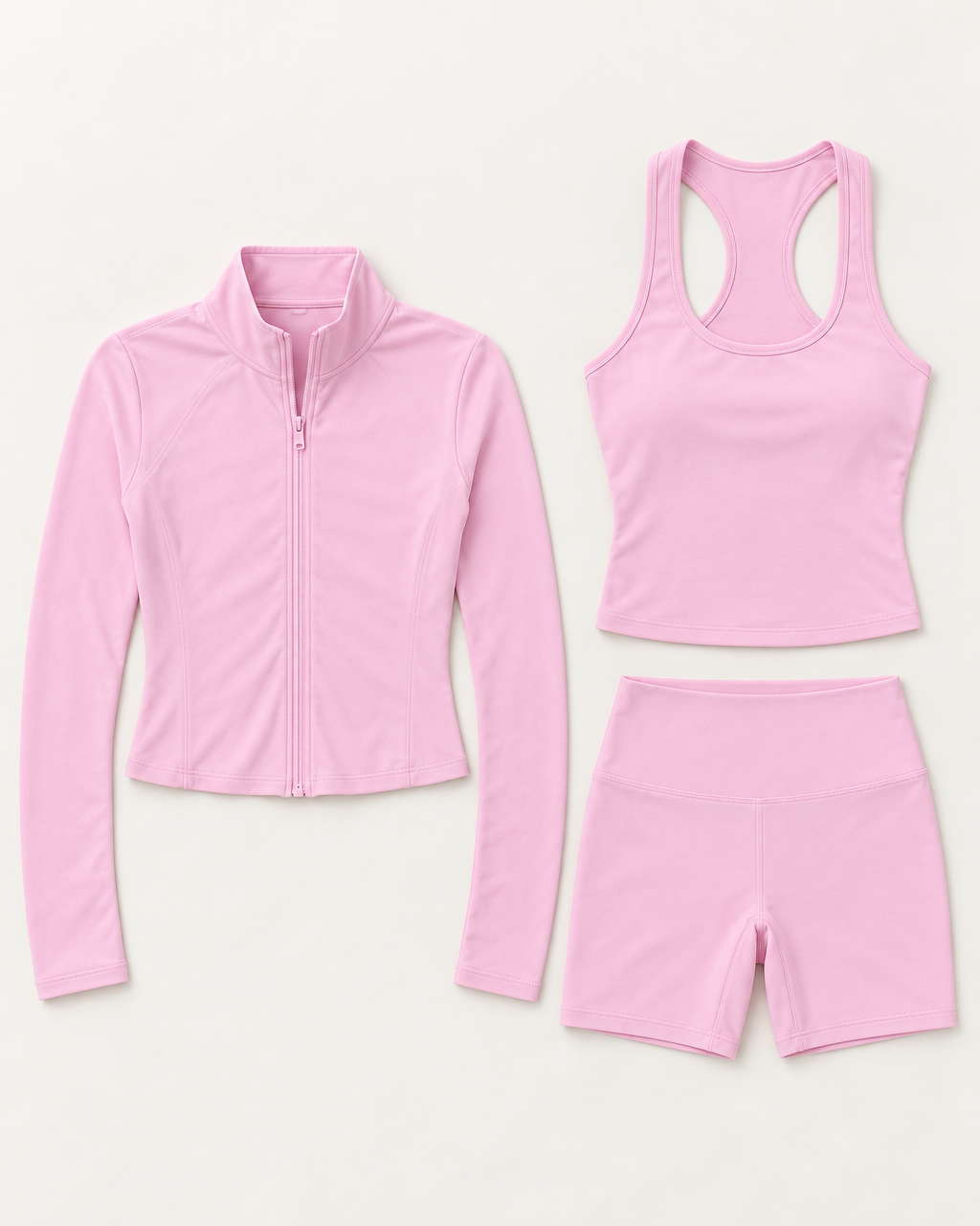 core-tank-shorts-zip-up-jacket-set-blush-pink flat lay