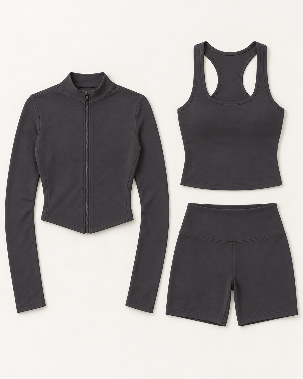 core-tank-shorts-zip-up-jacket-set-charcoal-grey flat lay