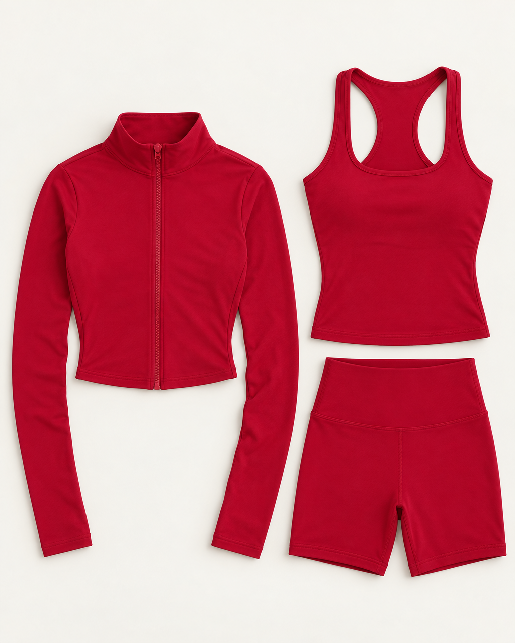 core-tank-shorts-zip-up-jacket-set-cherry-red flat lay