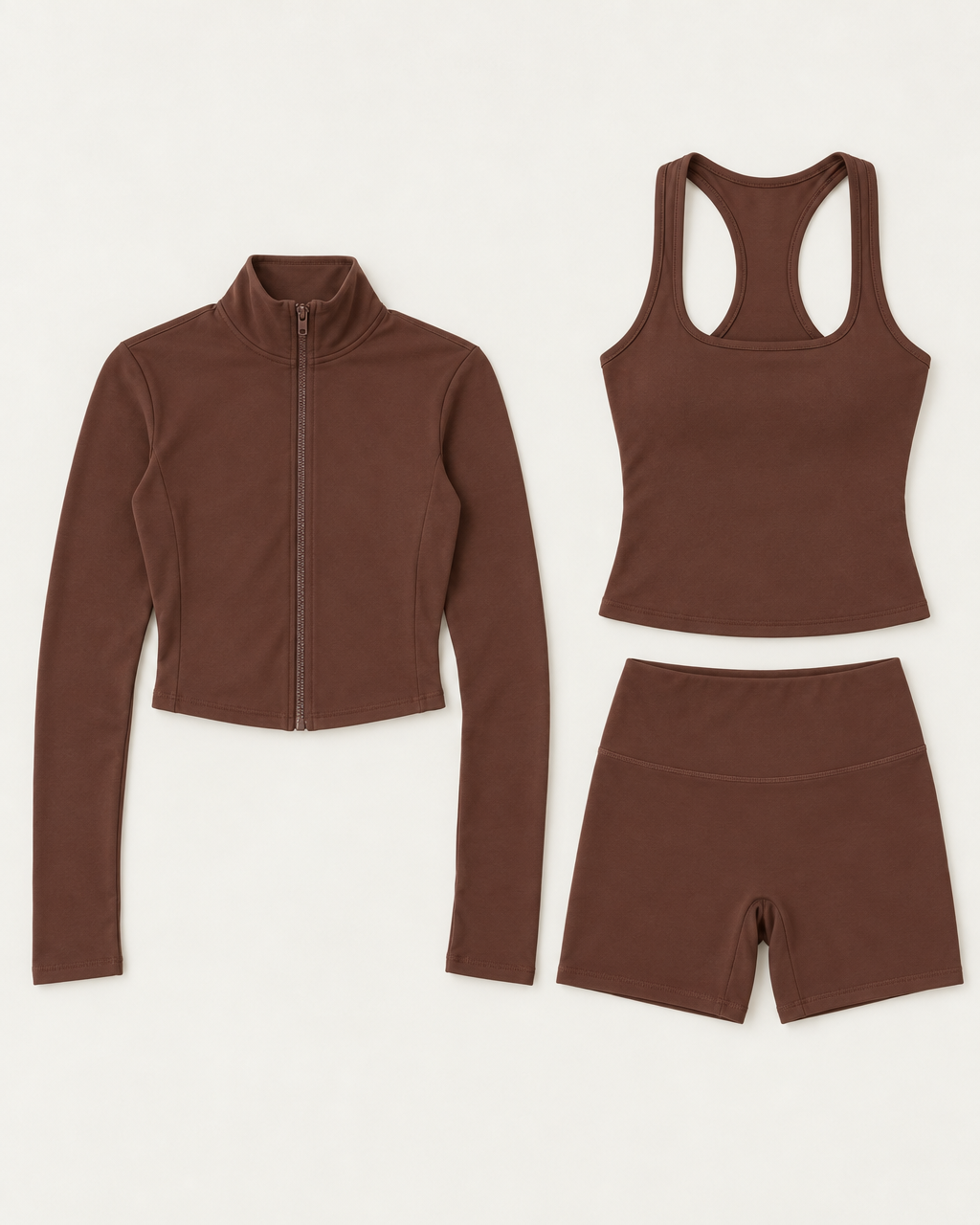core-tank-shorts-zip-up-jacket-set-espresso flat lay