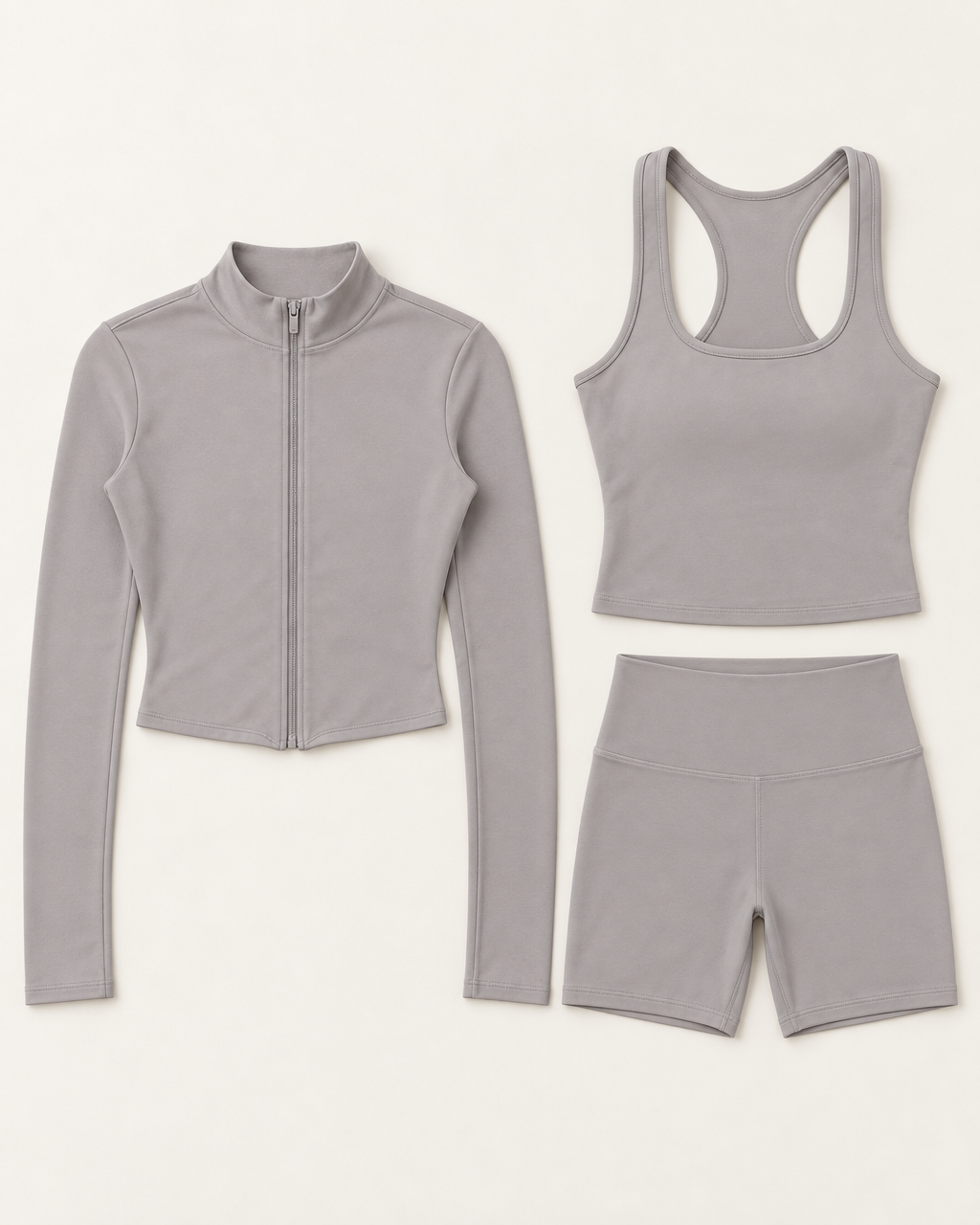 core-tank-shorts-zip-up-jacket-set-grey flat lay