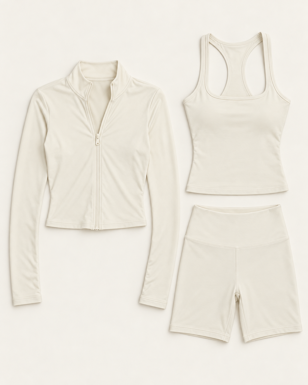 core-tank-shorts-zip-up-jacket-set-ivory-white flat lay