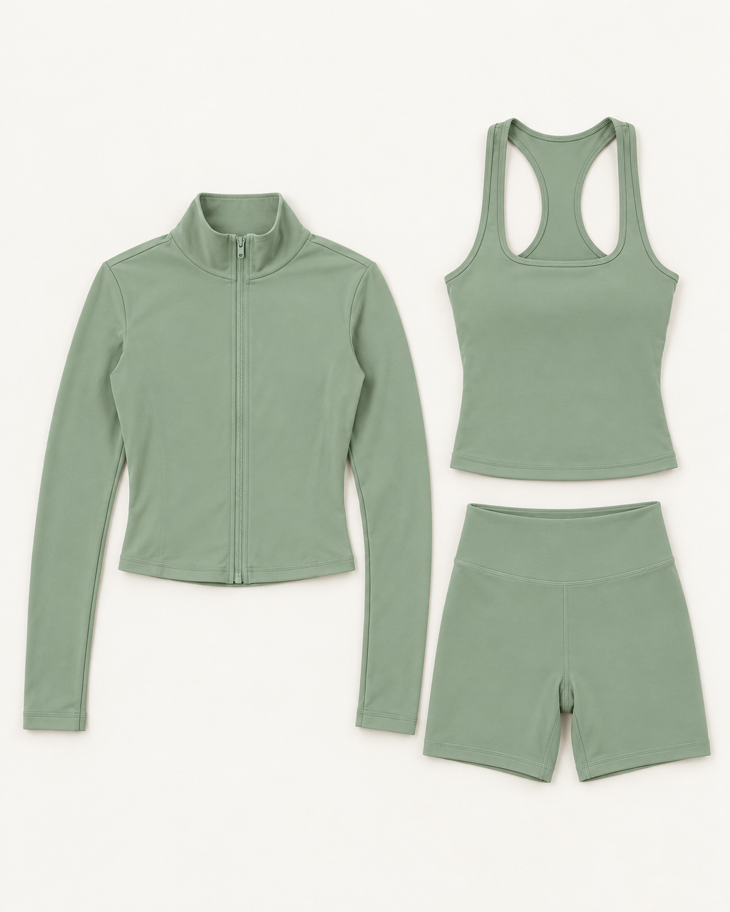 core-tank-shorts-zip-up-jacket-set-matcha-green flat lay