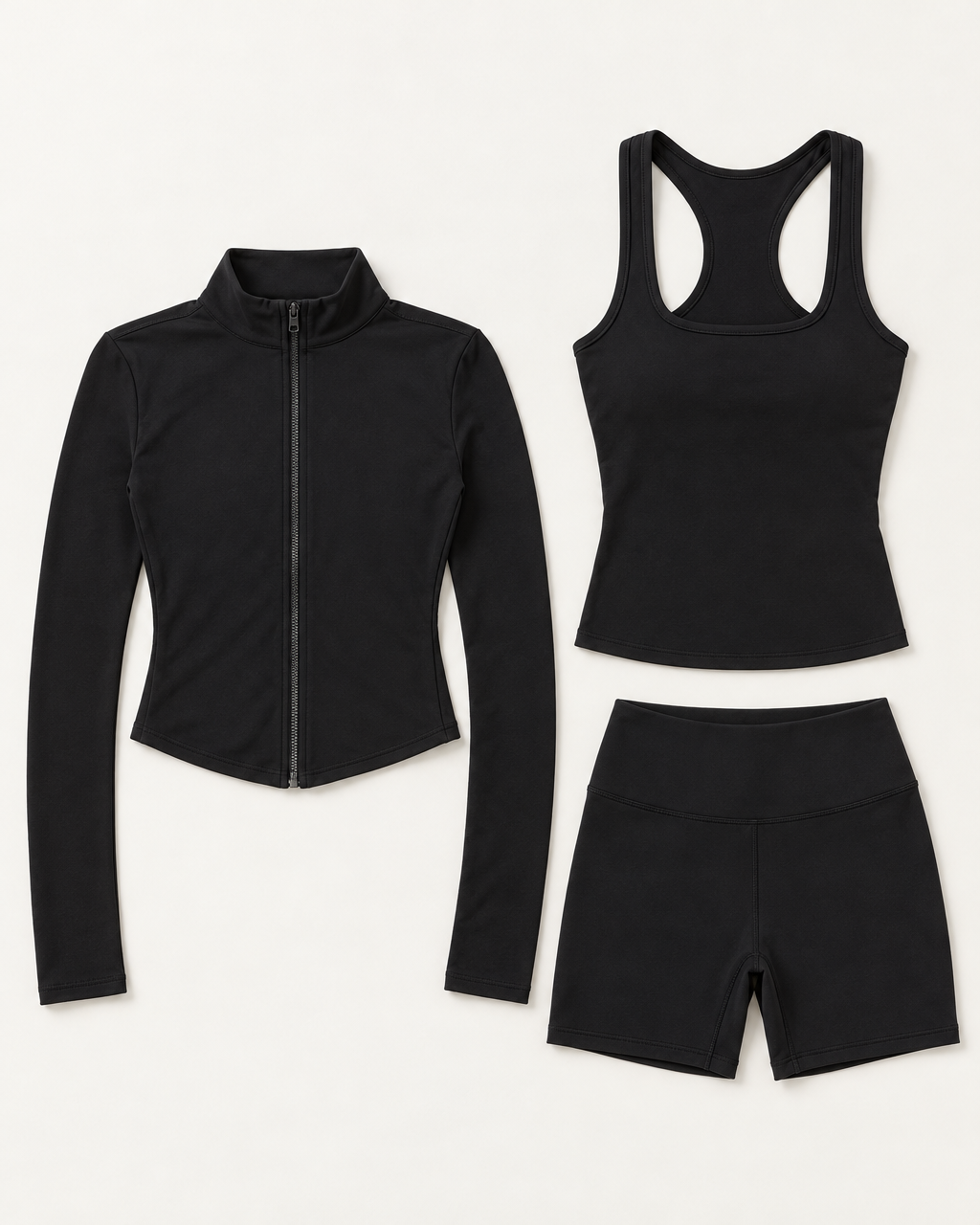 core-tank-shorts-zip-up-jacket-set-shadow-black flat lay