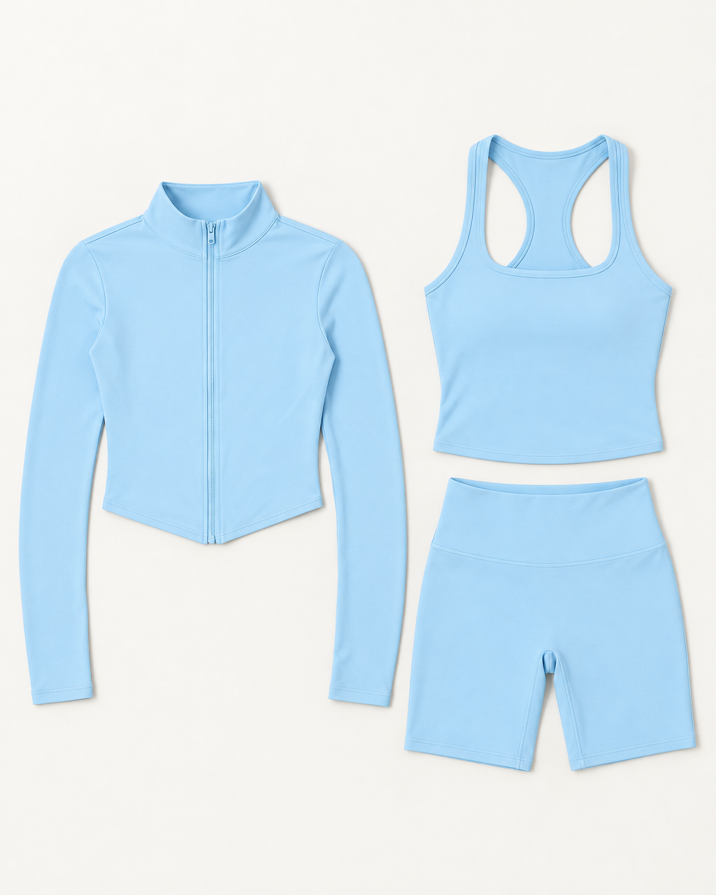 core-tank-shorts-zip-up-jacket-set-sky-blue flat lay